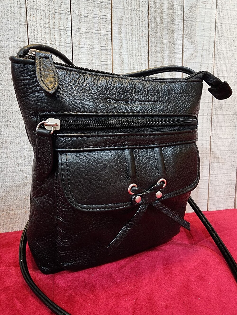 Stone Mountain Black Genuine Leather Crossbody Shoulder Bag Bow Detail